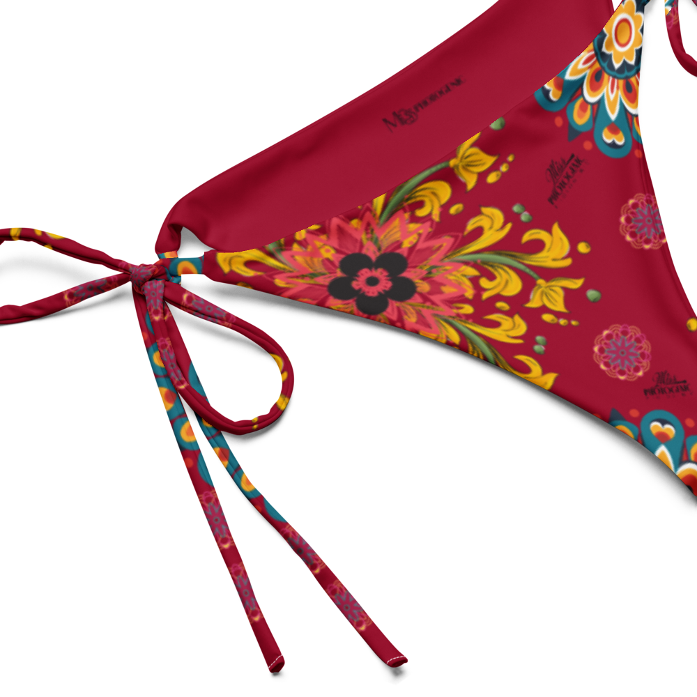 Exotic Flower Logo Print Bikini Bottom - Wine